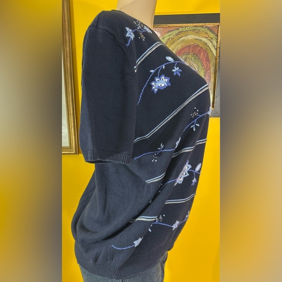 Alfred Dunner Womens Embroidered Floral Blue Short Sleeve Pullover Sweater - Picture 4 of 11